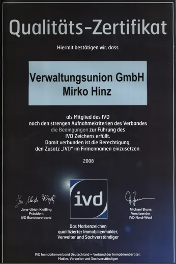 Zertifikat 12 der Verwaltungsunion GmbH bzw. von Mirko Hinz