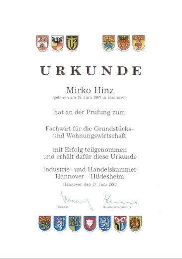 Zertifikat 3 der Verwaltungsunion GmbH bzw. von Mirko Hinz