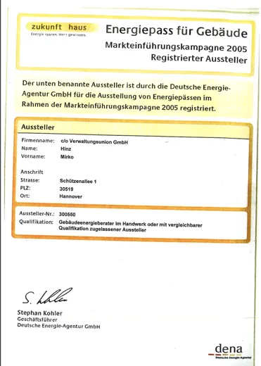 Zertifikat 4 der Verwaltungsunion GmbH bzw. von Mirko Hinz