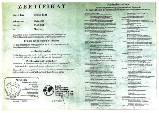 Zertifikat 6 der Verwaltungsunion GmbH bzw. von Mirko Hinz