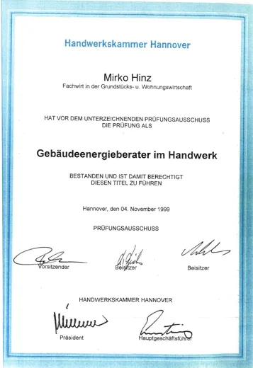 Zertifikat 7 der Verwaltungsunion GmbH bzw. von Mirko Hinz