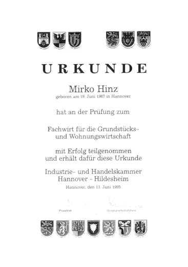 Zertifikat 8 der Verwaltungsunion GmbH bzw. von Mirko Hinz