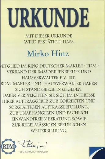 Zertifikat 9 der Verwaltungsunion GmbH bzw. von Mirko Hinz